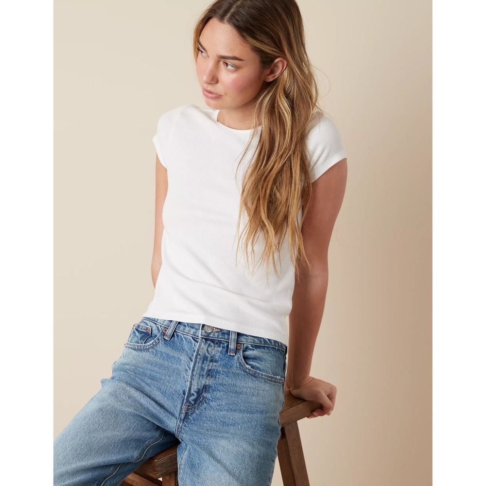 AE American Eagle Ribbed T-Shirt Layering Tee L White Stretch Base Layer 90s Y2K - Picture 13 of 14